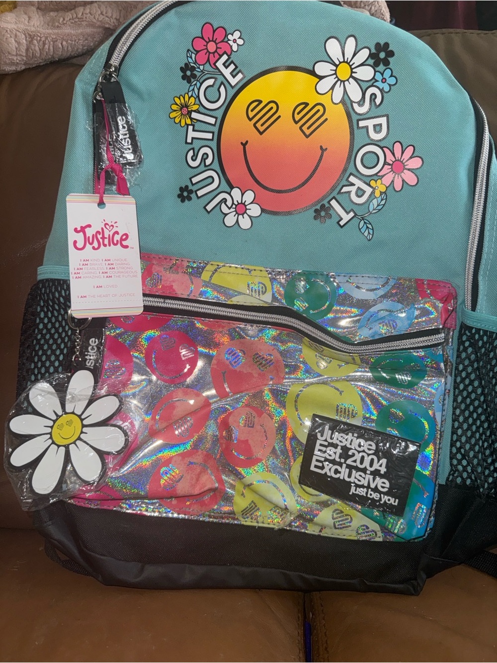 Justice Teal Multicolor Smiley Daisy Holographic Backpack
